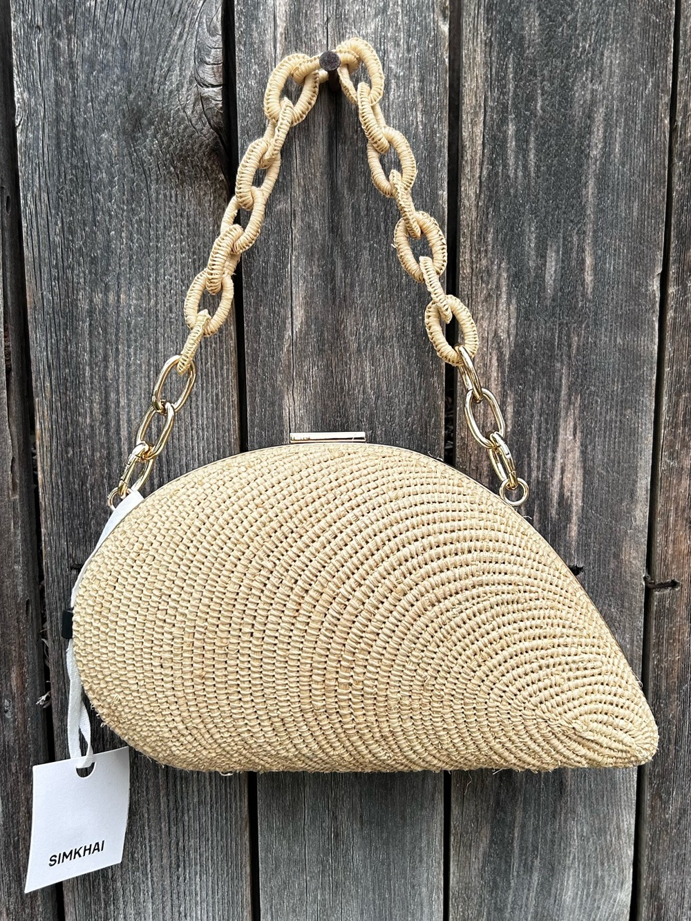 NWT Jonathan Simkhai Bridget Raffia Oyster Shell Clutch Natural Beige - Picture 16 of 16